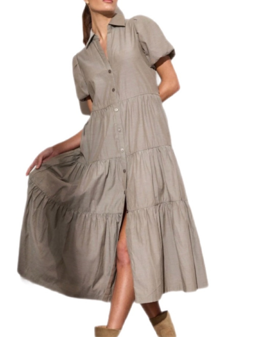 Brochu Walker Taupe Tiered Button-Front Midi Dress
